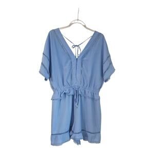 Adelyn Rae Womens Size L Paperbag-Waisted Romper Blue V-Neck Ladder Lace/Back